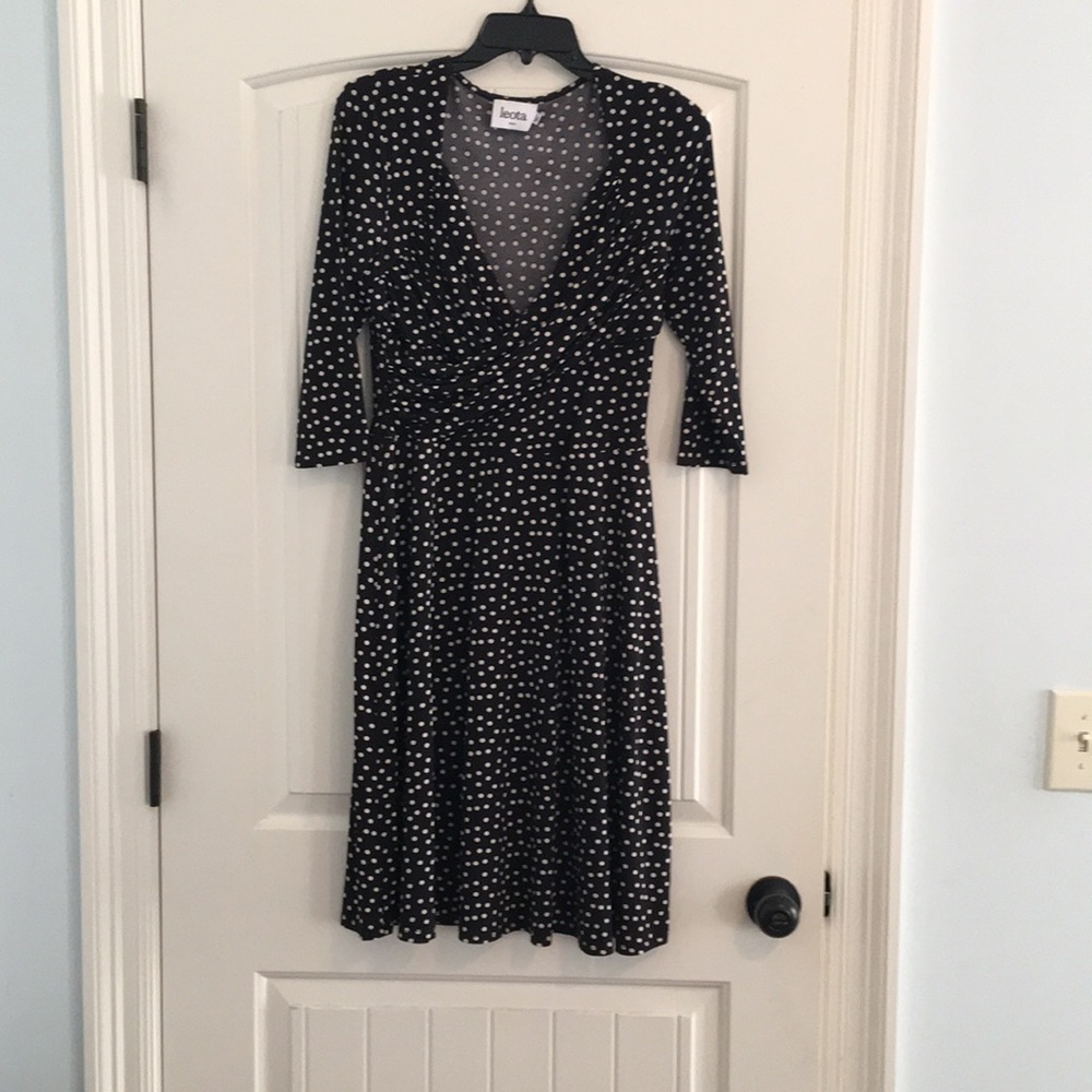 Leota Black Wrap Dress with Tan Polka Dots